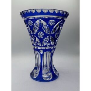Vintage Bohemian Czech Blue Cut To Clear Crystal Vase 7" X 5". *Minor Flaws*